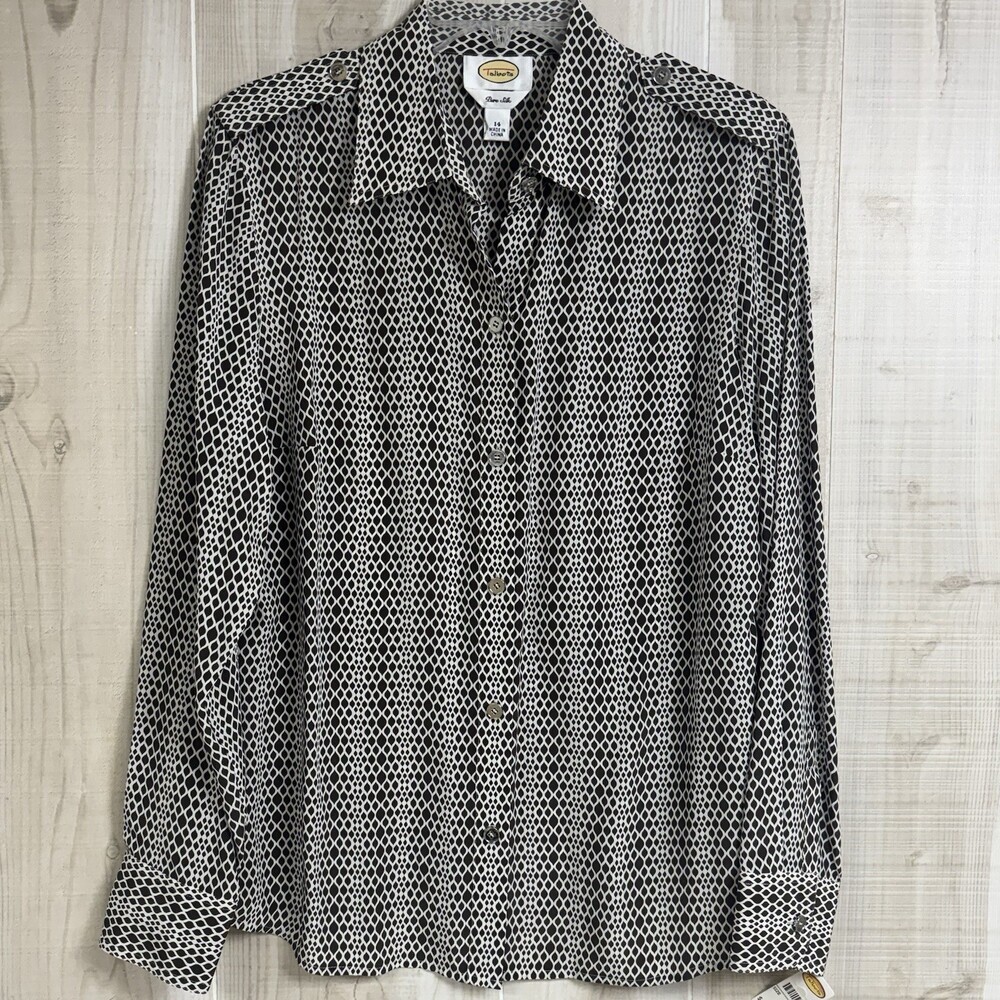 NWT Talbots Pure Silk Button Down Brown White Career Classic Large